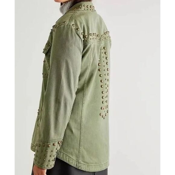 New Free People Rock and Stud Shirt Jacket Army Green Size XS - Picture 3 of 10
